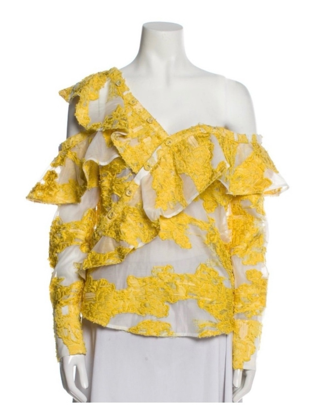 Self-Portrait Yellow One-Shoulder Ruffle Lace Top